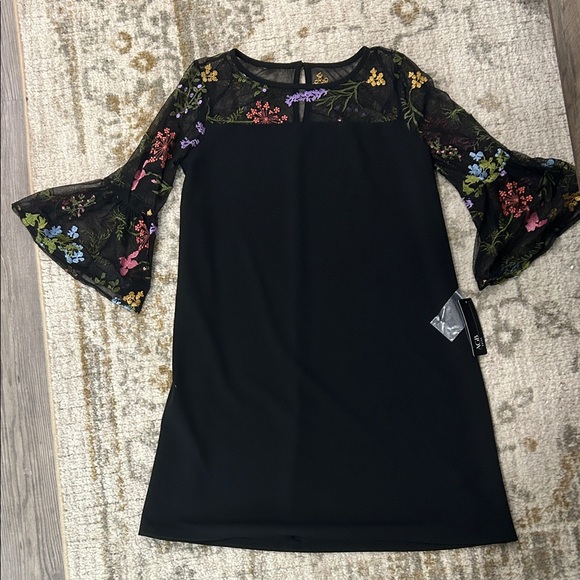 AGB Black Dress with Embroidery and Bell Sleeves - Picture 1 of 7